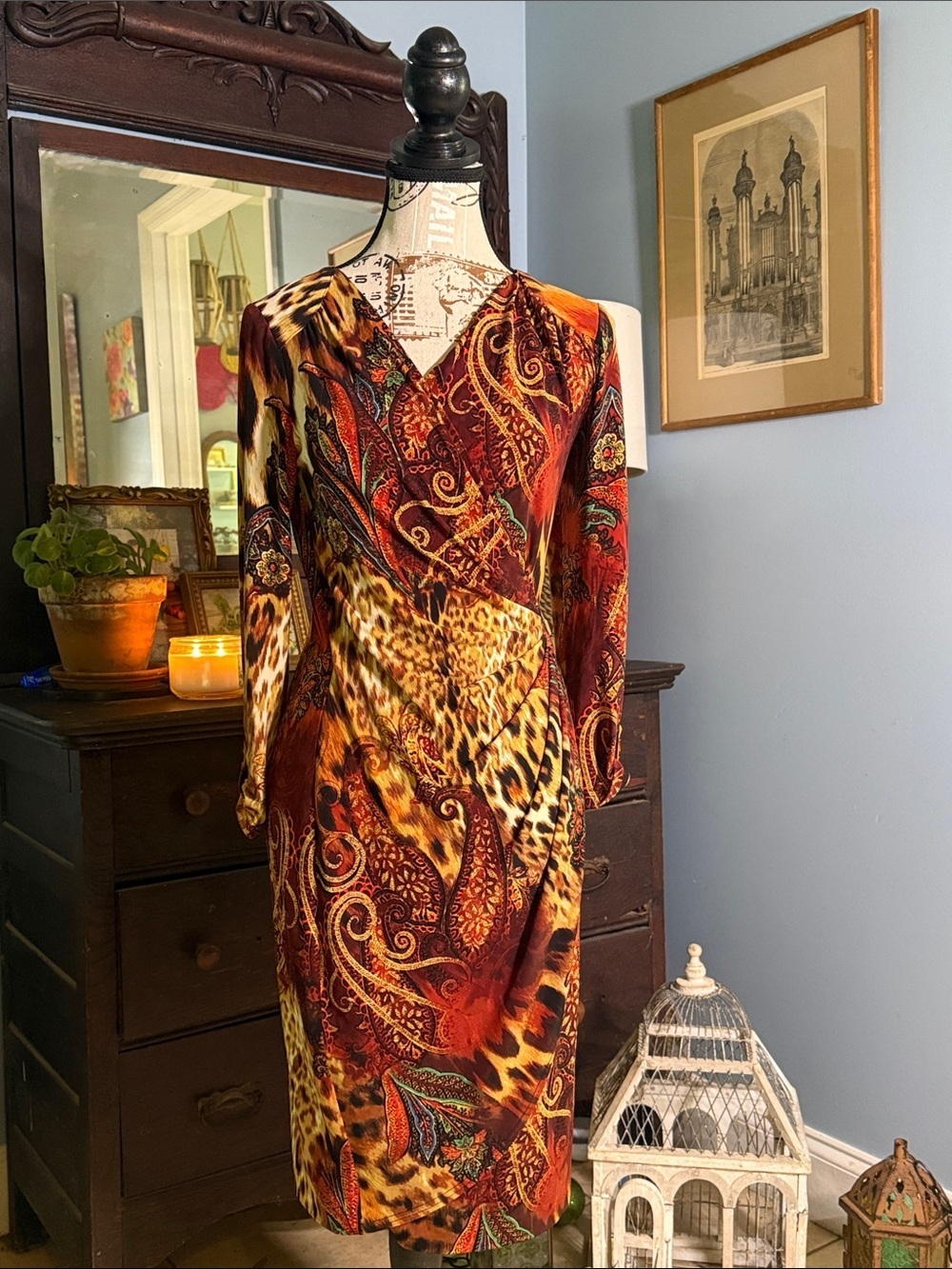Vintage Cache Leopard Paisley Ruched Faux Wrap Dress Medium - Picture 6 of 14